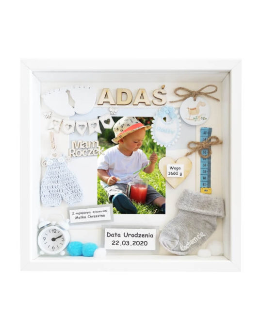 metryczka 30x30 na roczek chłopca ze zdjęciem