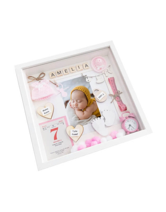 metryczka 30x30 na narodziny dziewczynki amelia ze zdjęciem bok lewy