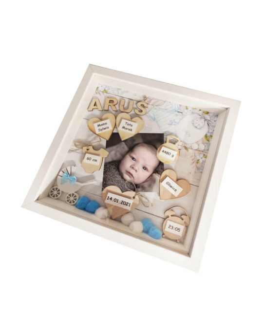 metryczka 25x25 chłopca Aruś na narodziny ze zdjęciem bok prawy