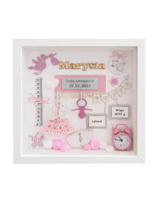 metryczka 27x27 bez zdjęcia dla dziewczynki Marysia na narodziny