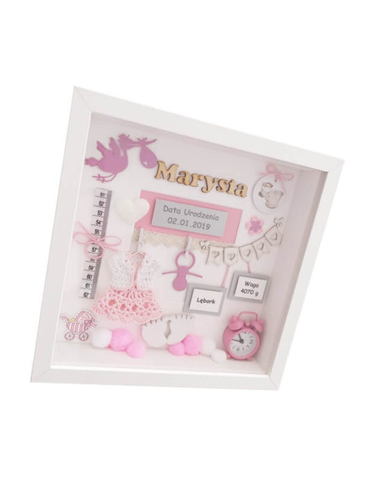 metryczka 27x27 bez zdjęcia dla dziewczynki Marysia na narodziny bok prawy