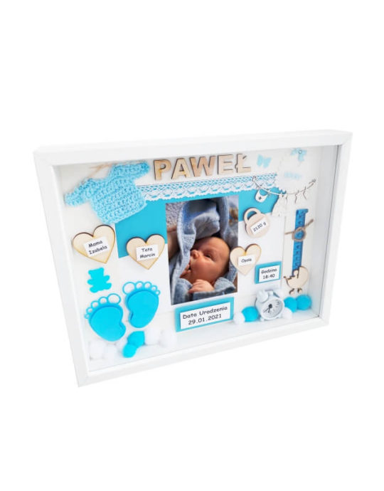 metryczka 30x37 na narodziny chłopca Paweł ze zdjęciem bok lewy