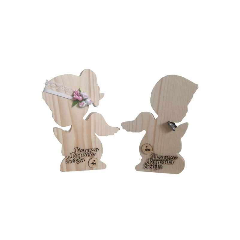 drewniane aniołki na komunię chłopiec i dziewczynka