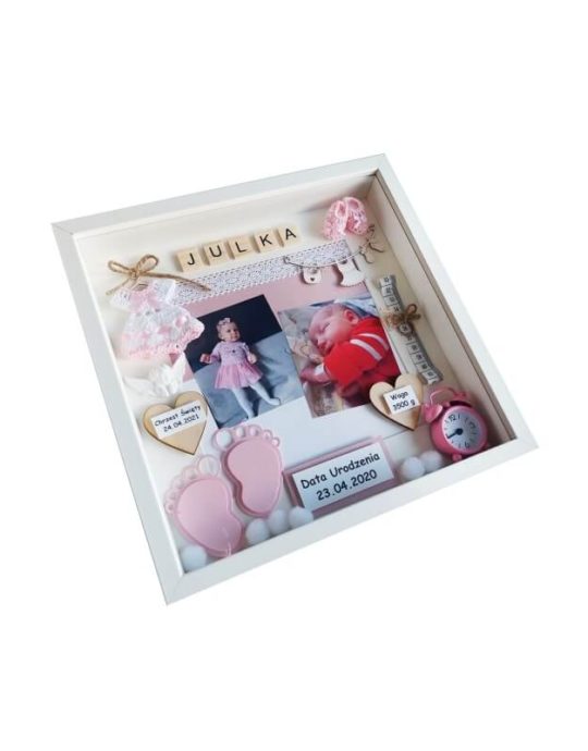 metryczka na chrzest dziewczynki z dwoma zdjeciami julka bok prawy