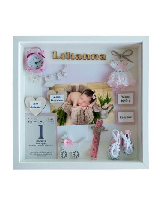 metryczka dla dziewczynki na narodziny 30x30cm ze zdjeciem lilianna