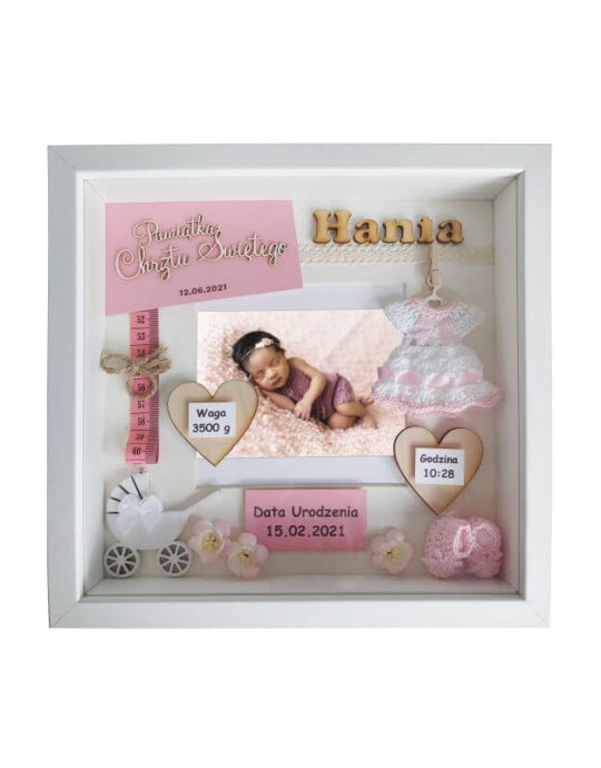 metryczka dla dziewczynki na chrzest ze zdjeciem 25x25 hania