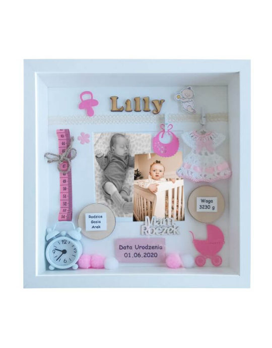 metryczka na roczek dziewczynki z dwoma zdjeciami lilly