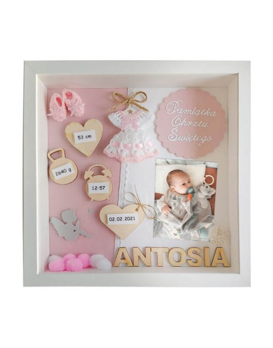 metryczka na chrzest dla dziewczynki 27x27 ze zdjeciem antosia