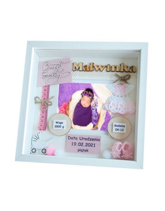 metryczka na chrzest ze zdjeciem dziewczynki malwinka bok prawy