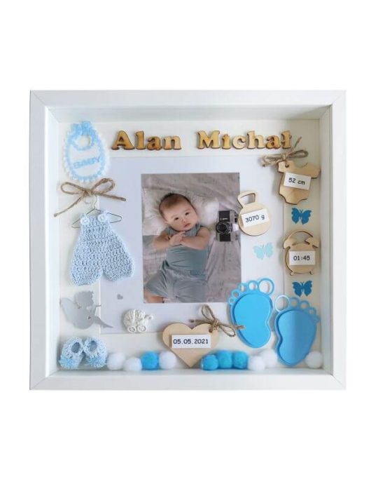 metryczka urodzenia dla chlopca ze zdjeciem 30x30 alan michal