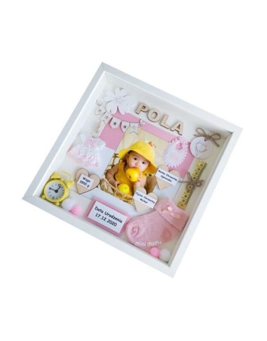 prezent metryczka 3d na chrzest dla dziewczynki pola bok lewy