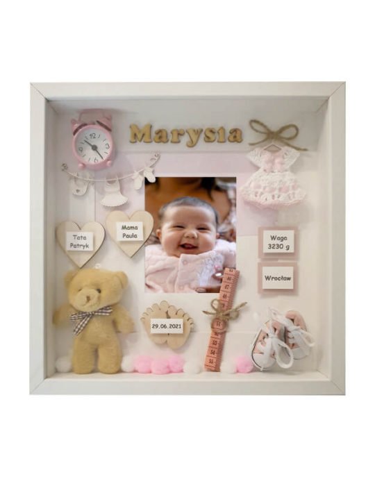 metryczka urodzenia dziewczynki z misiem marysia