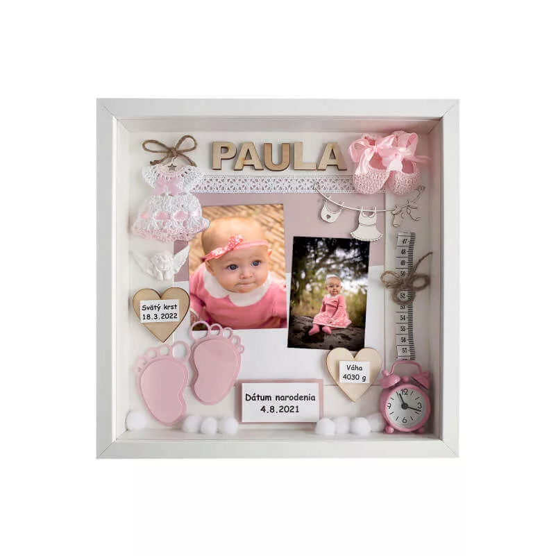prezent ramka na narodziny dziewczynki z dwoma zdjęciami Paula