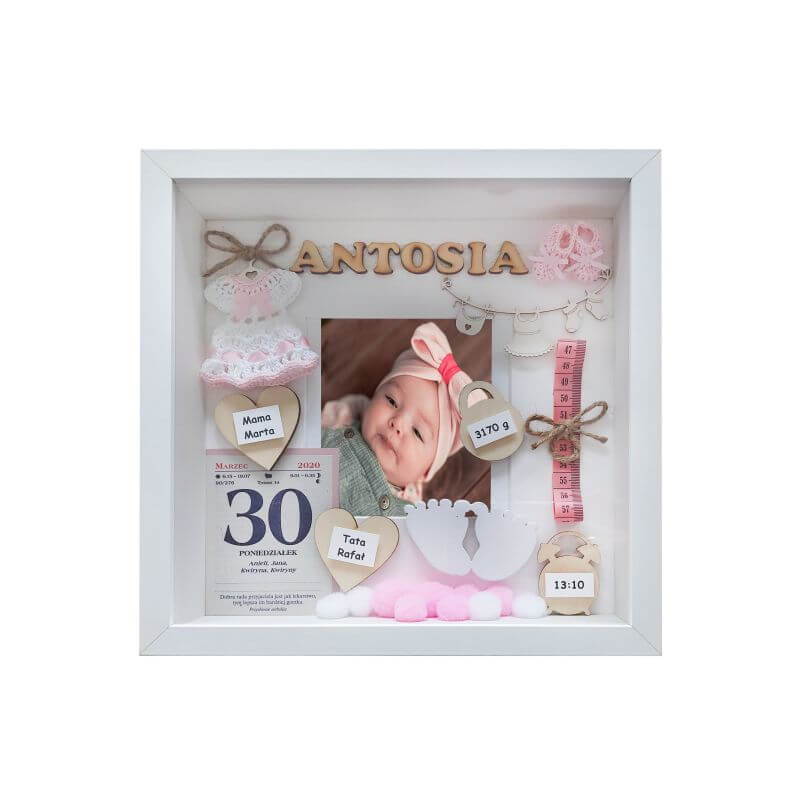 Metryczka na roczek dziewczynki ze zdjęciem 27x27 Antosia