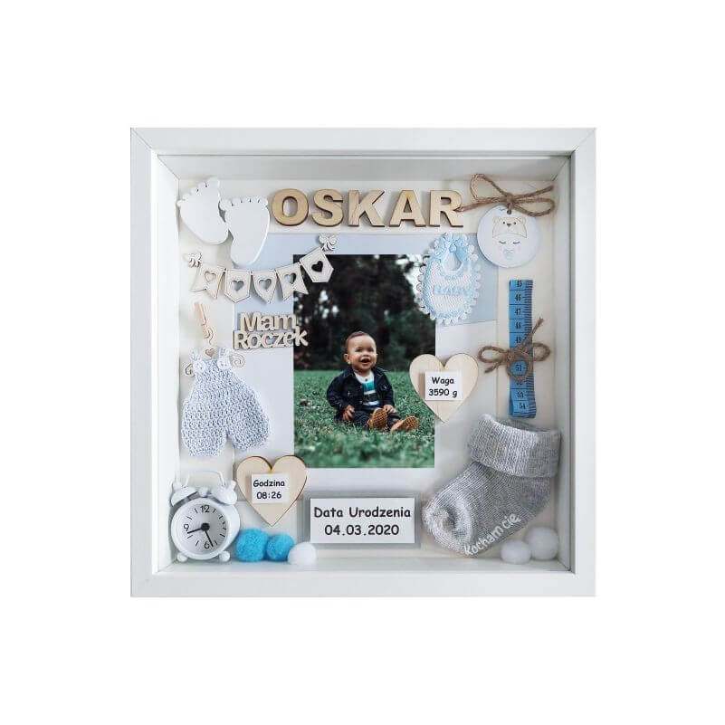 Metryczka na roczek chłopca ze zdjęciem 30x30 Oskar