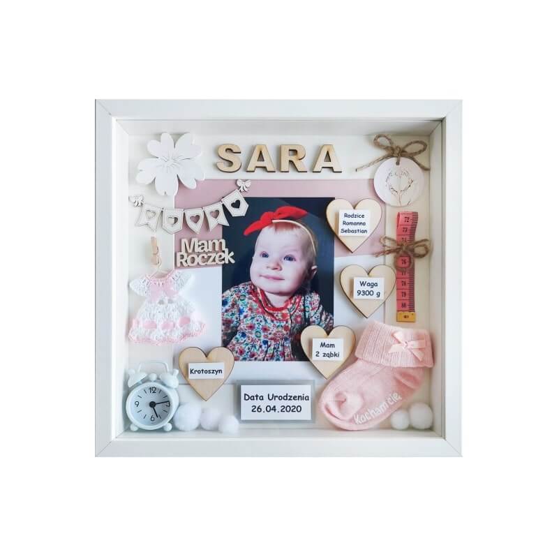 Metryczka na roczek dziewczynki ze zdjęciem 30x30 Sara